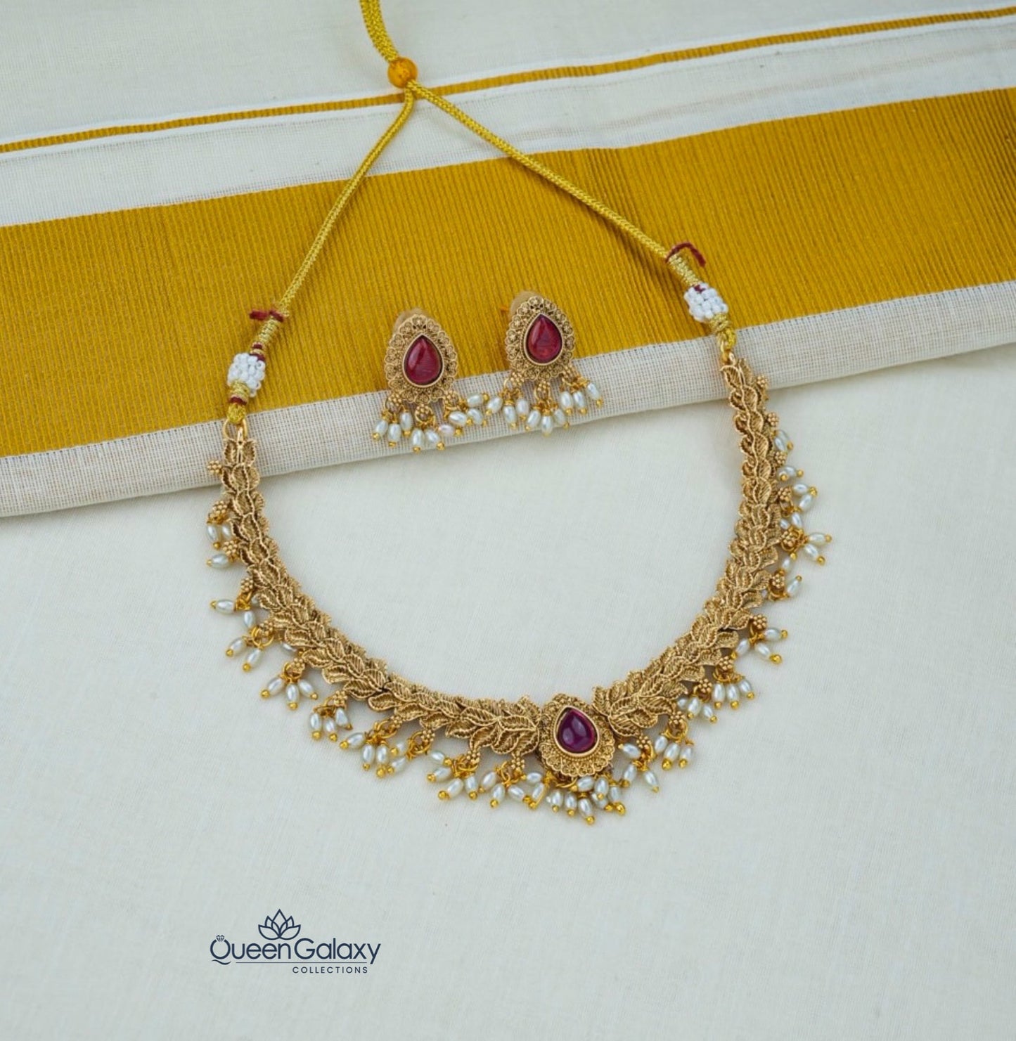 Antique Pearl And Ruby Stone Necklace With Stud
