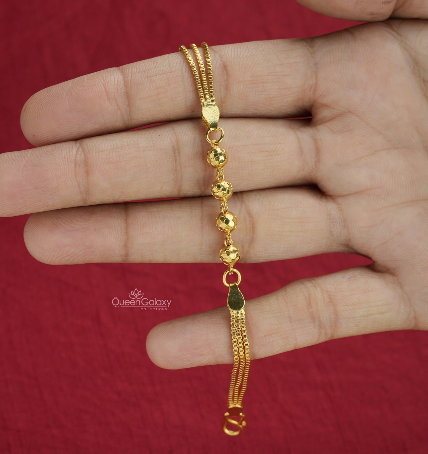 Gold Plated Triple Chain Bracelet with Bead Accents - queen galaxy collection