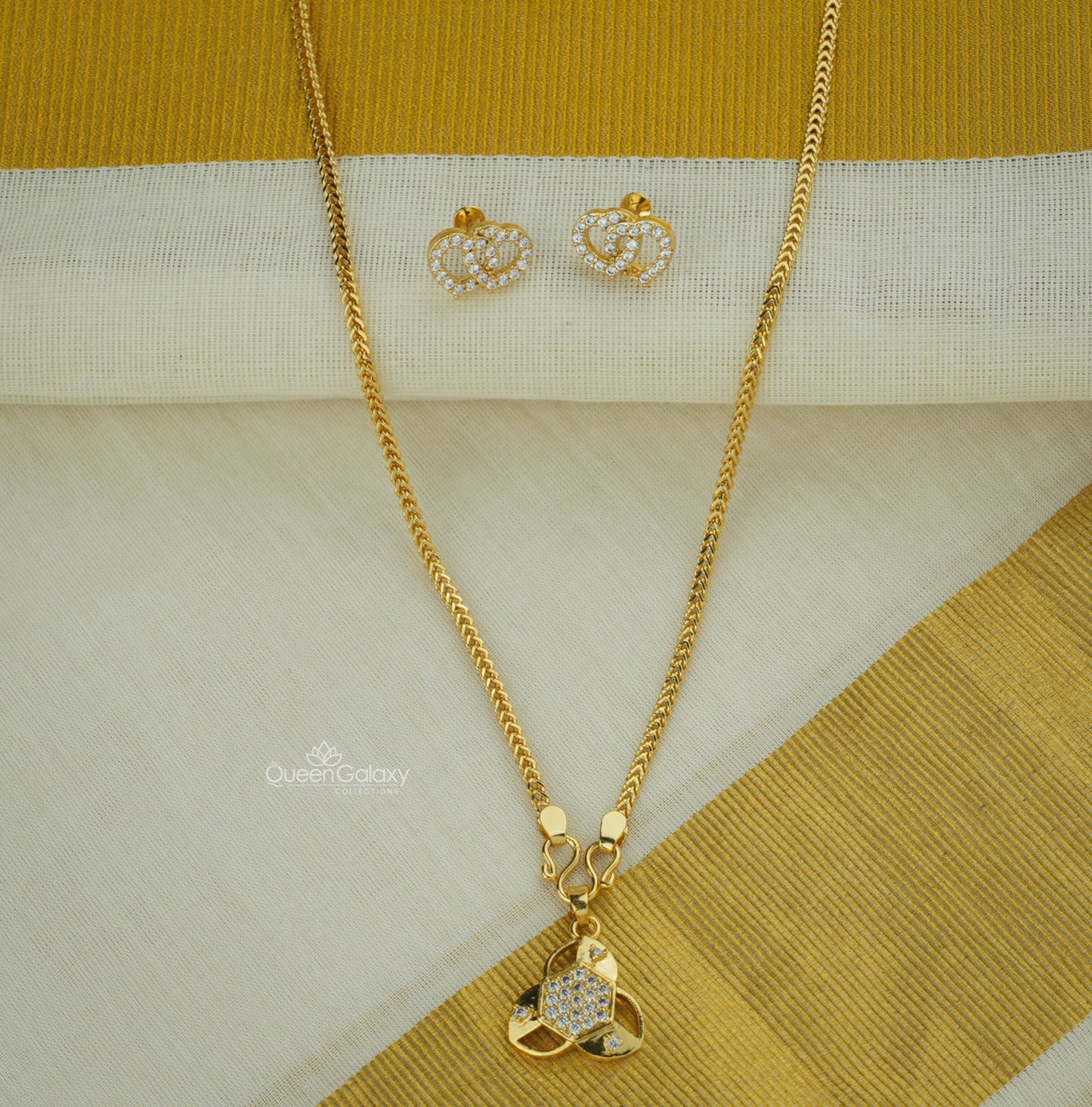 Goldplated Chain With AD Stone Pendant And Stud