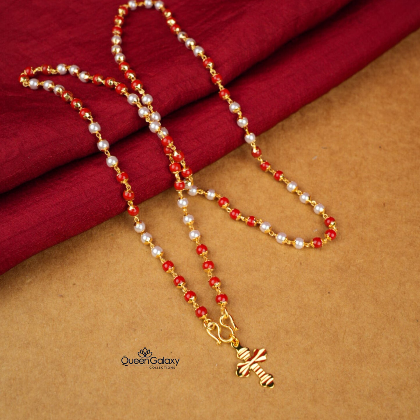 Gold Plated Coral Chain With Cross