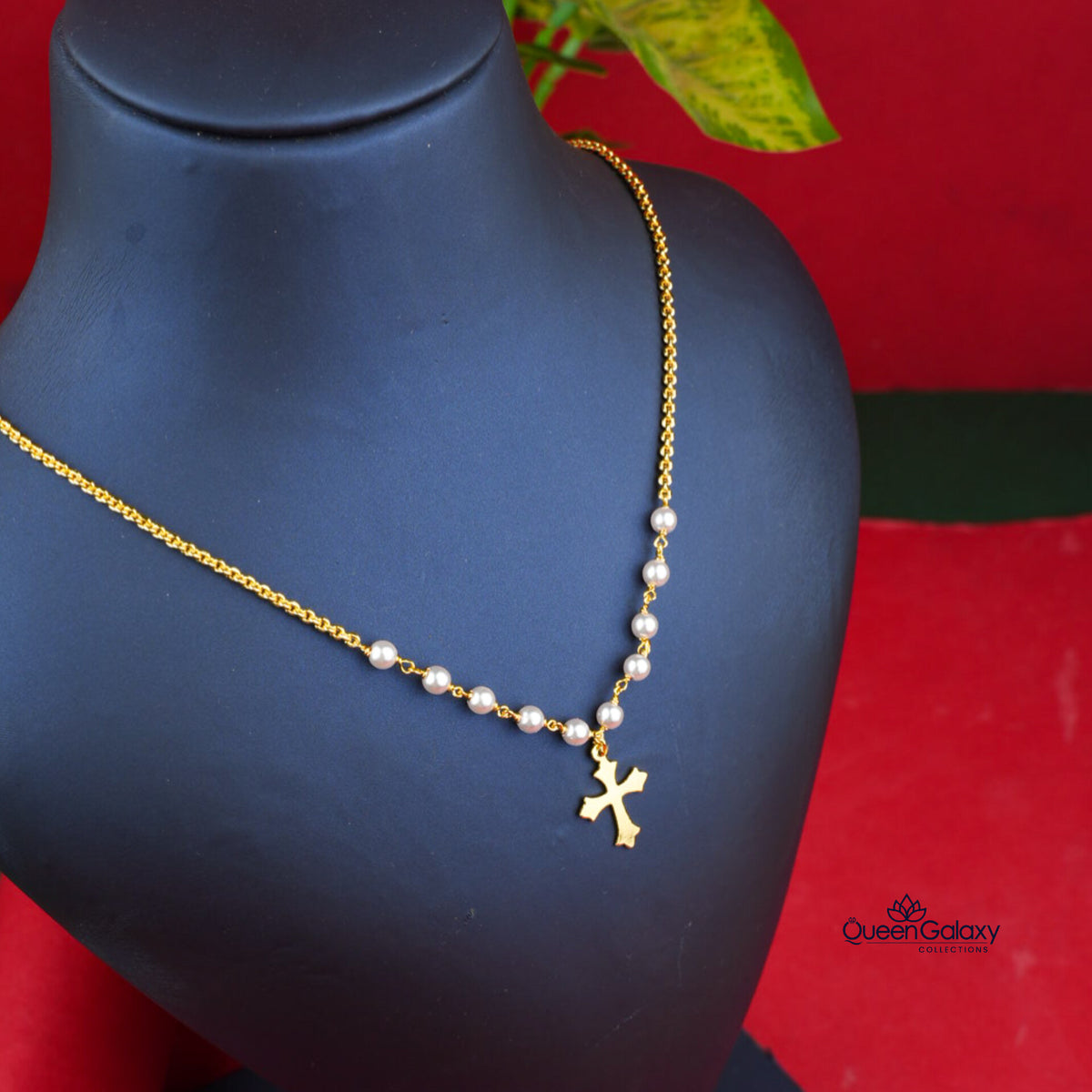 Gold Plated Pearl With Cross Necklace