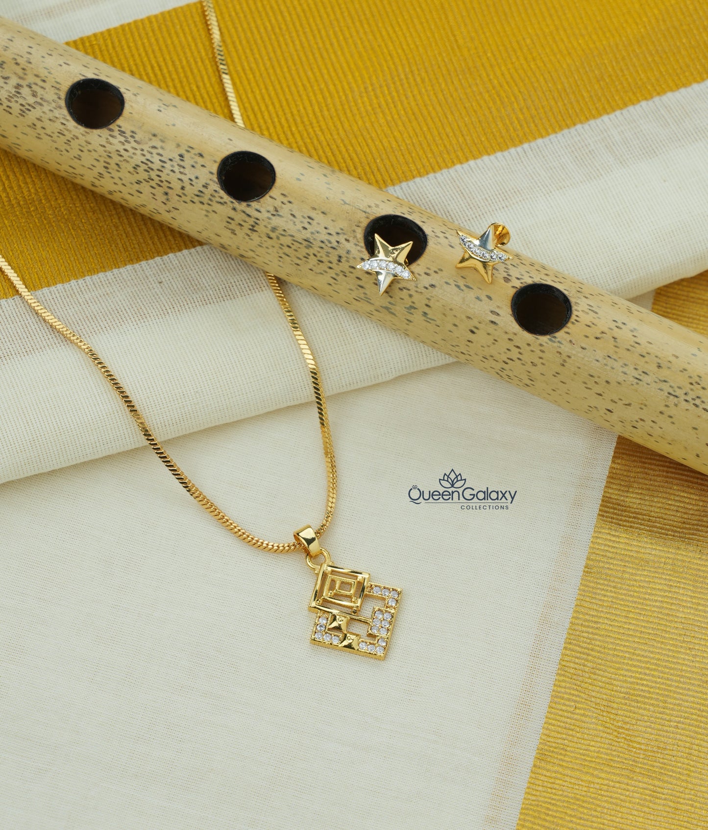 Goldplated Chain With AD Stone Pendant And Stud
