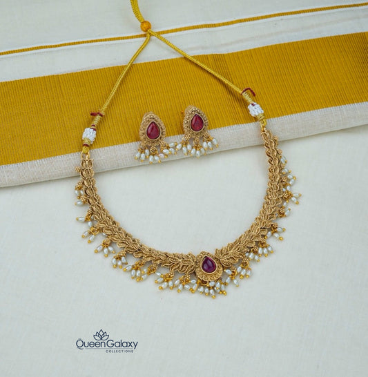 Antique Pearl And Ruby Stone Necklace  With Stud