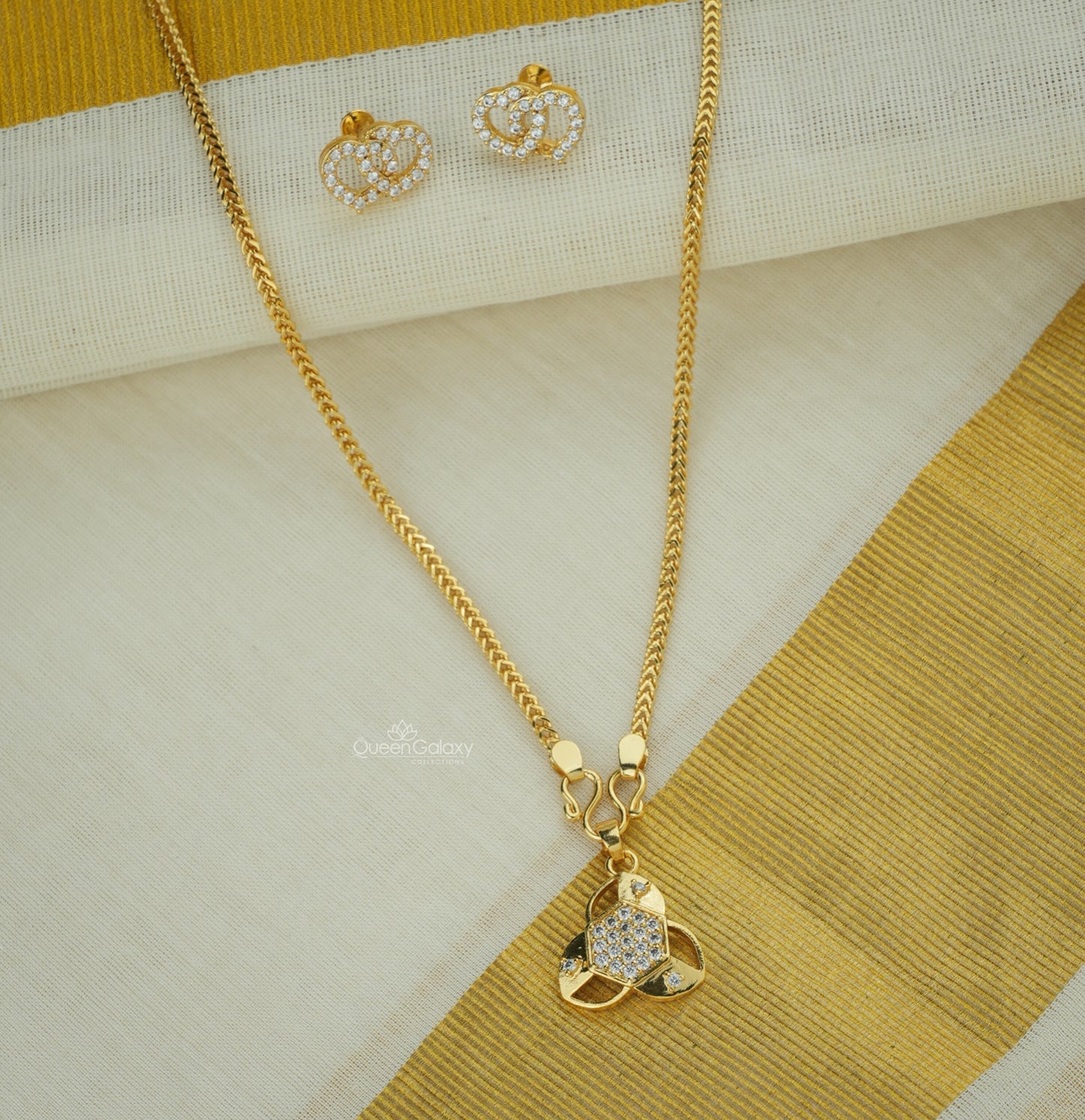 Goldplated Chain With AD Stone Pendant And Stud