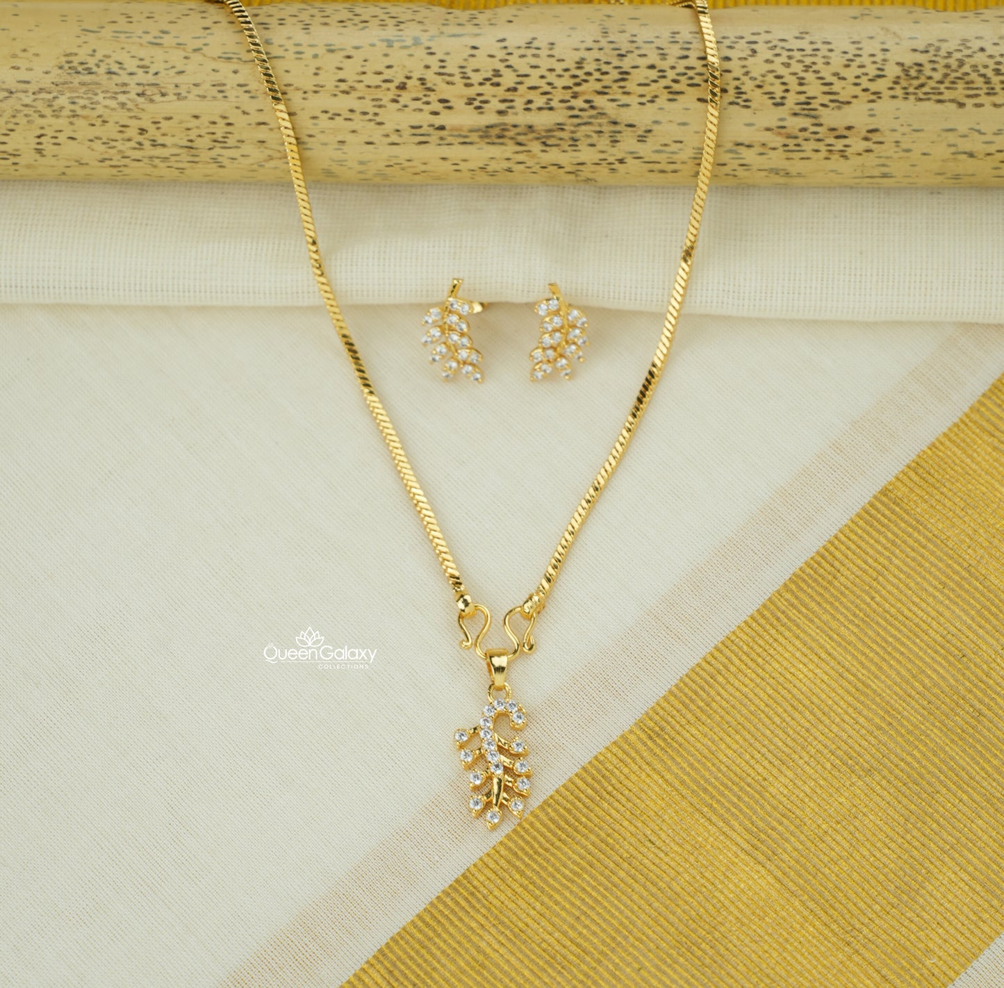 Goldplated  Chain With AD Stone Pendant And Stud