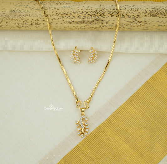 Goldplated  Chain With AD Stone Pendant And Stud
