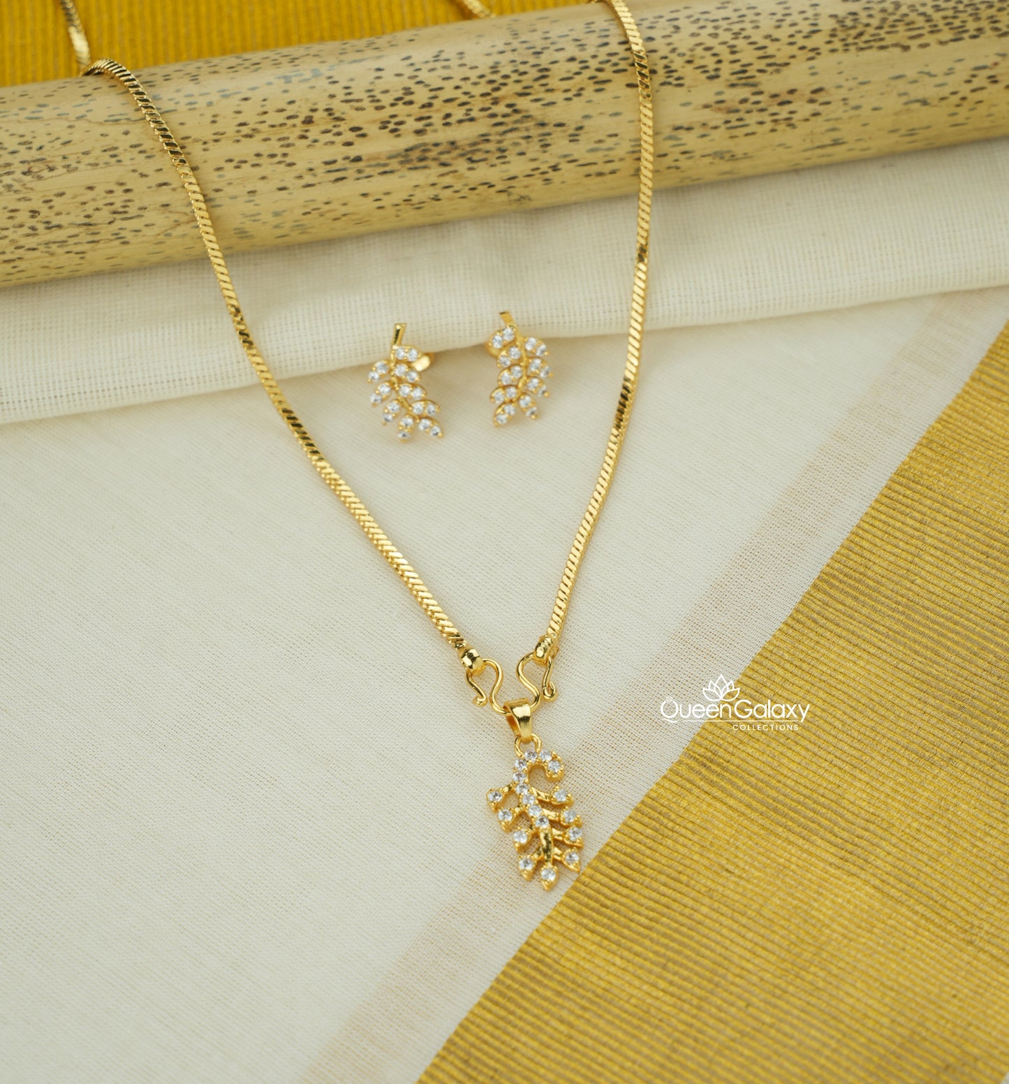 Goldplated  Chain With AD Stone Pendant And Stud