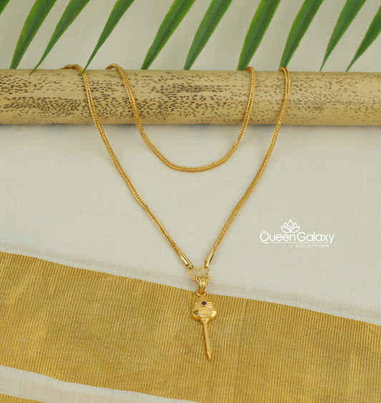 Gold plated box chain with murukan vel pendant on a wooden stick with a natural background - queen galaxy collection