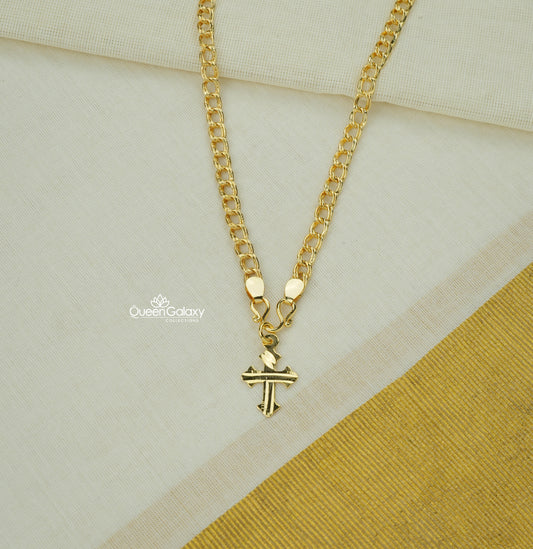 Gold plated chain with cross pendant /locket on off-white background – Queen Galaxy Collections