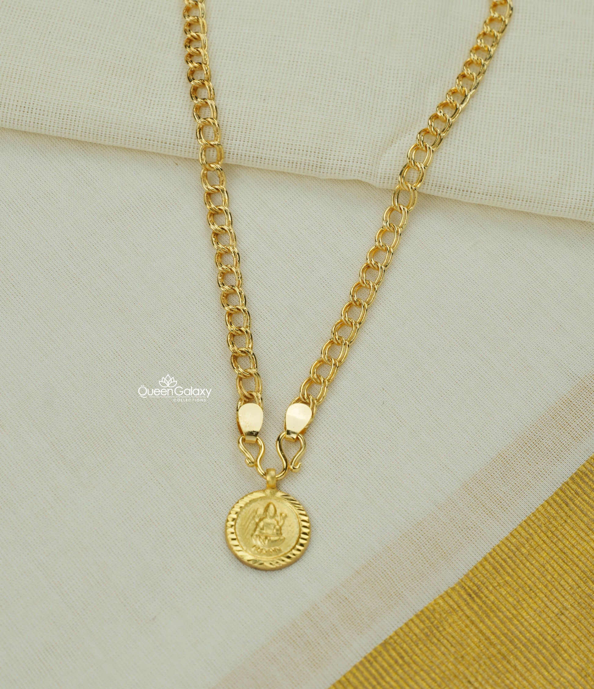 Goldplated chain with Lakshmi circular pendant/locket on traditional background - Queen Galaxy Collections