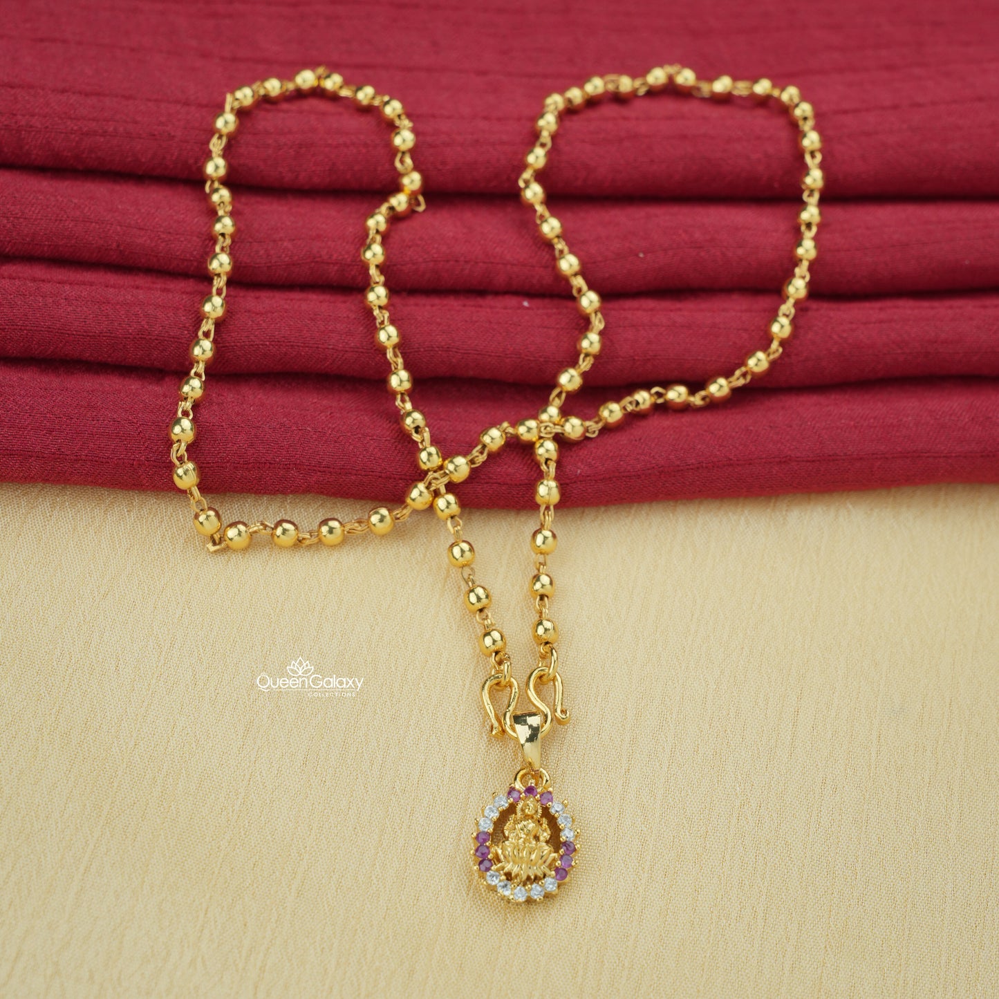 Gold plated beaded chain with AD stone Lakshmi pendant