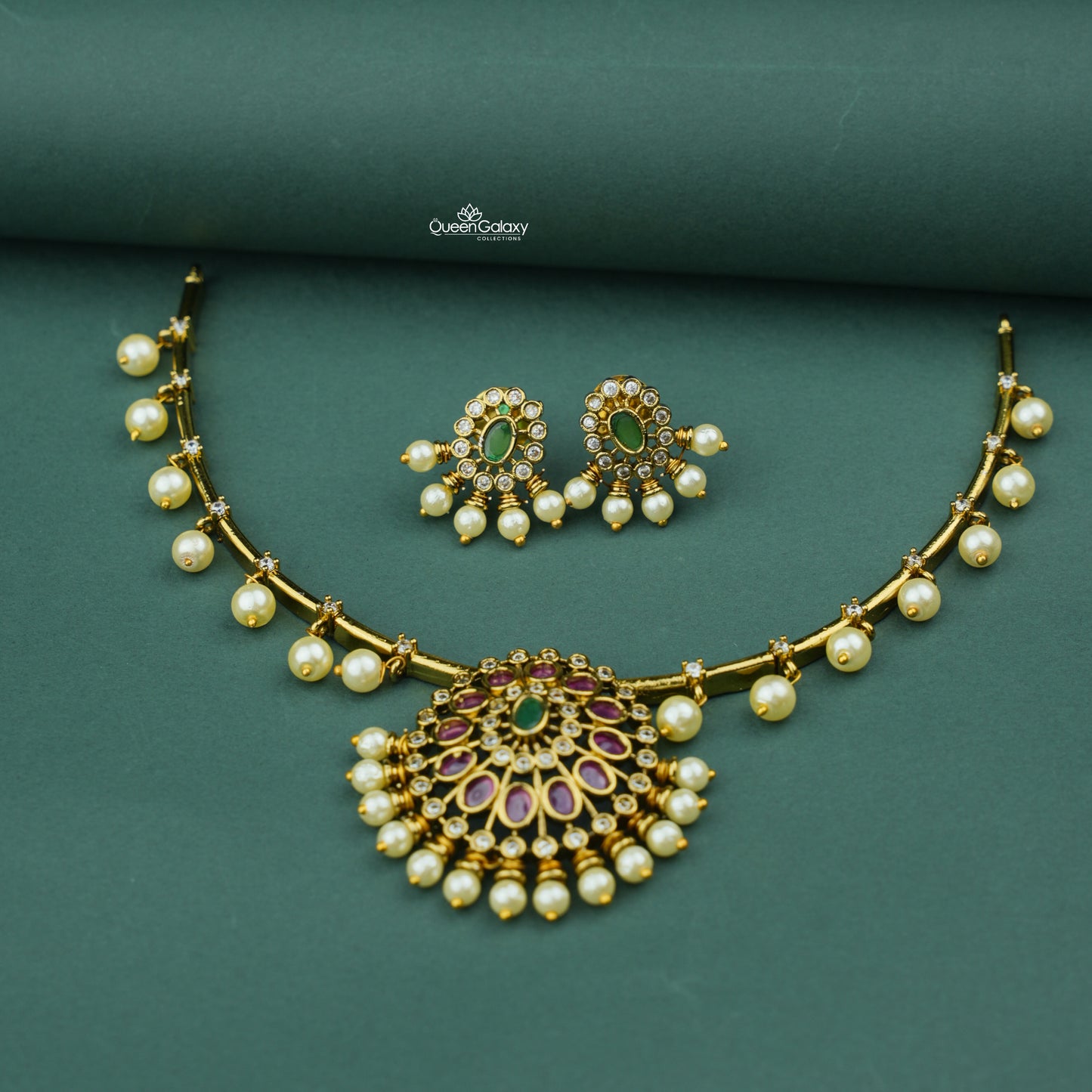 Antique AD Stone And Pearl Necklace With Stud