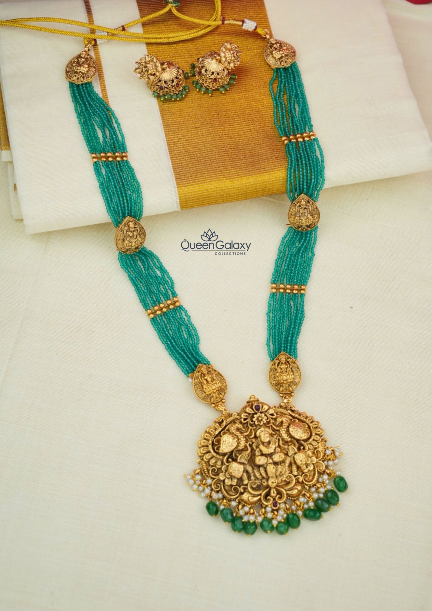 Antique Cristal Lakshmi Long Haram With Jumka