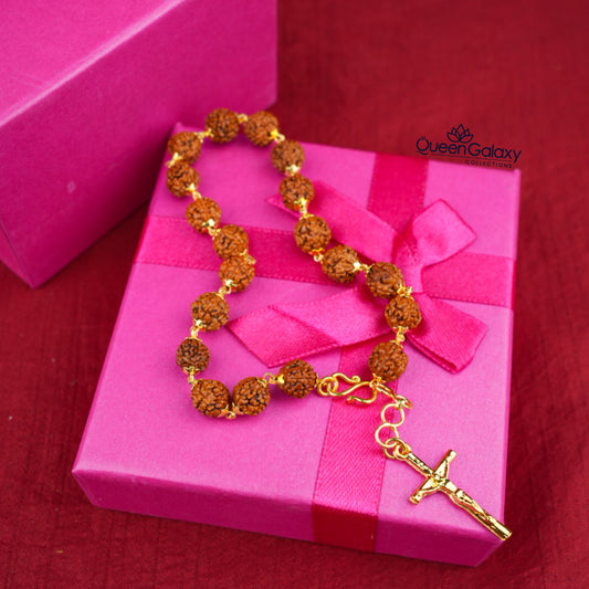 Gold Plated Rudraksha With Cross Bracelet