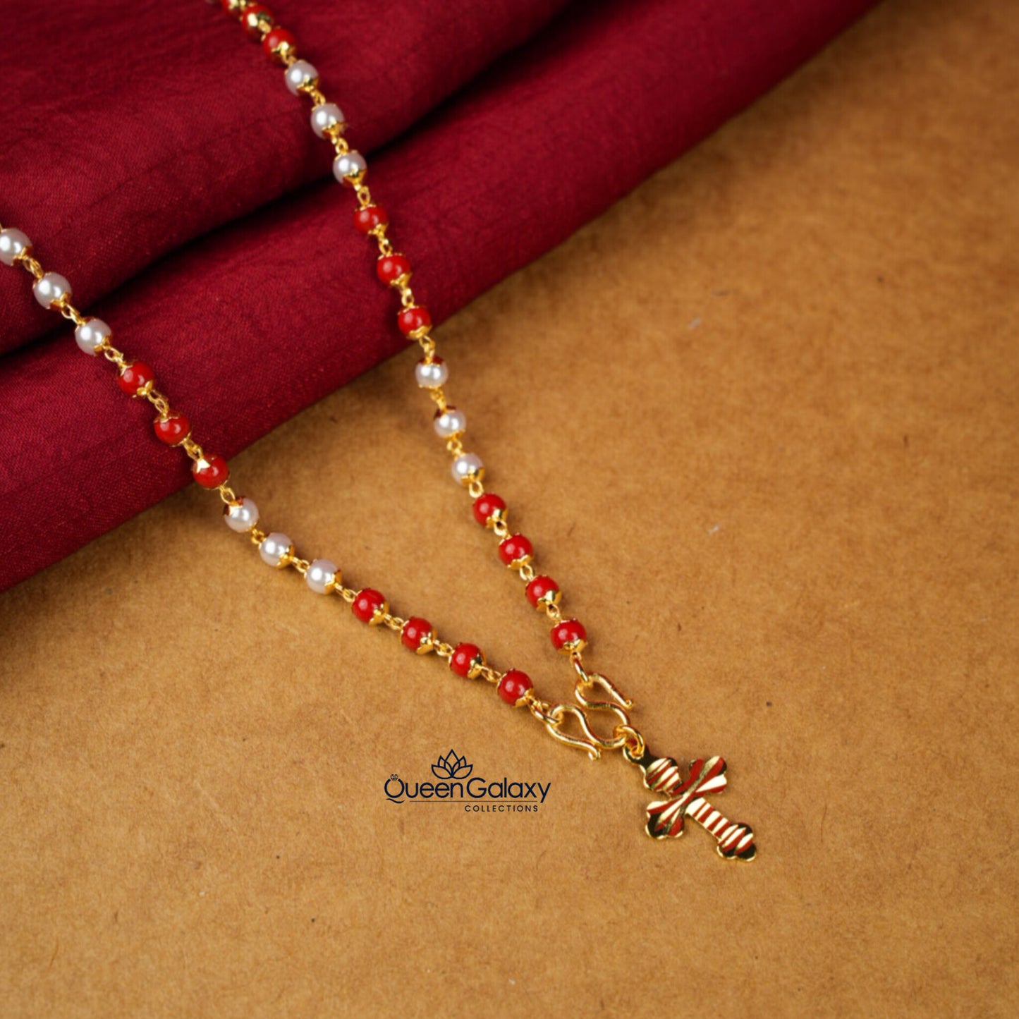 Gold Plated Coral Chain With Cross