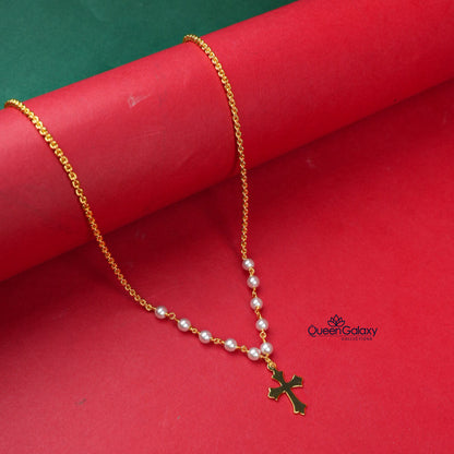 Gold Plated Pearl With Cross Necklace
