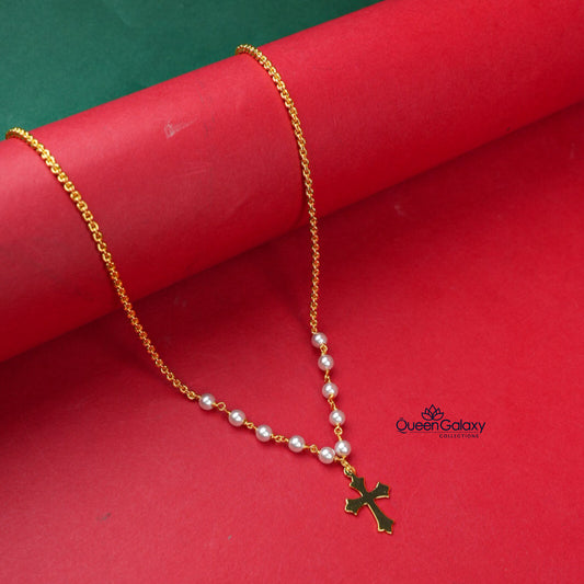 Gold Plated Pearl With Cross Necklace