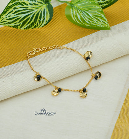 Gold Plated Bracelet with Shell Charms & Black Beads