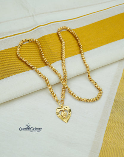 Gold plated bead chain with Om thali pendant on a white and yellow striped fabric background, featuring the Queen Galaxy brand.